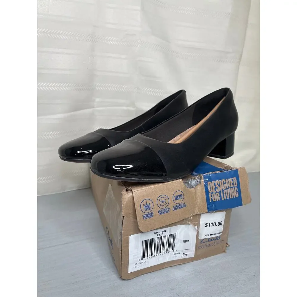 Clarks Marilyn Sara Cap Toe Block Heel Pumps Black Womens Size 11M